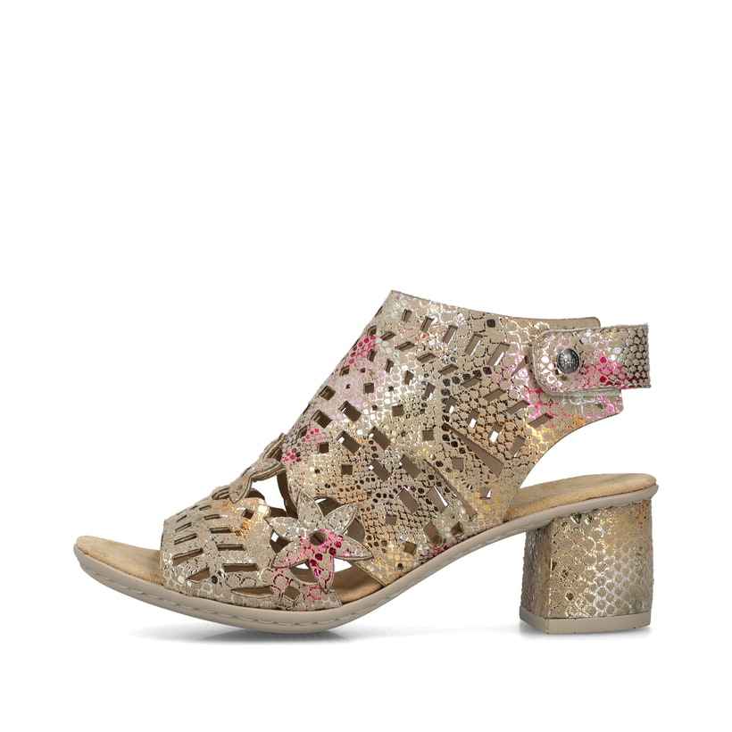 Mehrfarbige Rieker Riemchensandaletten 64780-90 mit einem Klettverschluss. Schuh Außenseite.