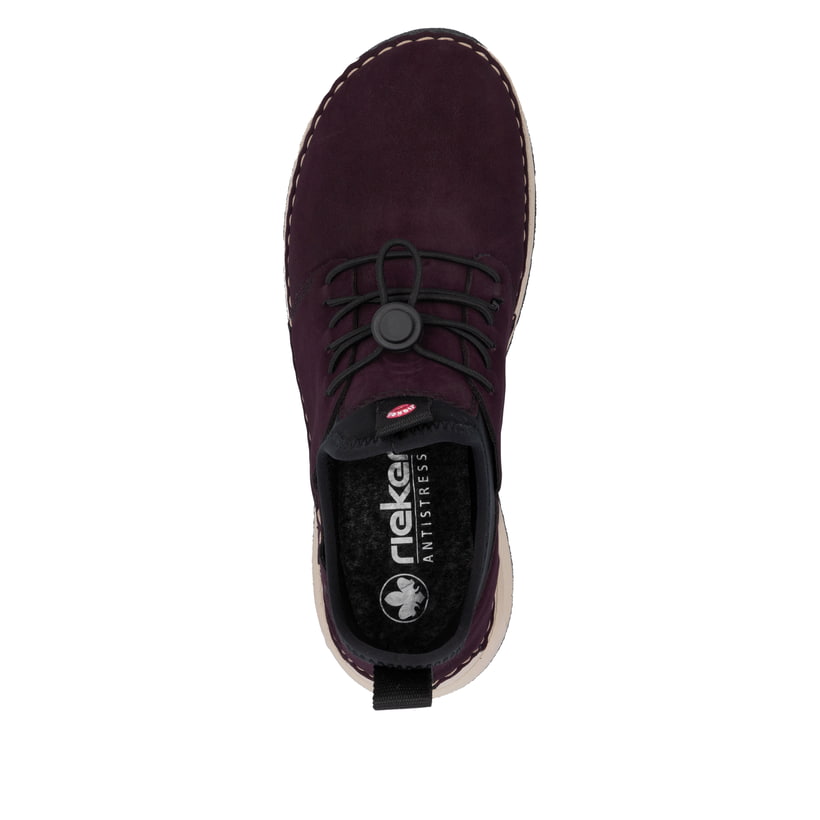 Rotschwarze Rieker Damen Slipper 44560-30 mit Rieker Air Sohlenfenster. Schuh von oben.