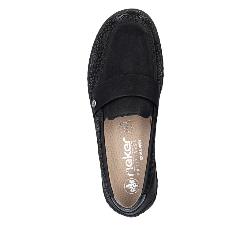 Mocassins Rieker noirs pour femmes 48968-00 avec bande élastique. Chaussure vue de dessus.