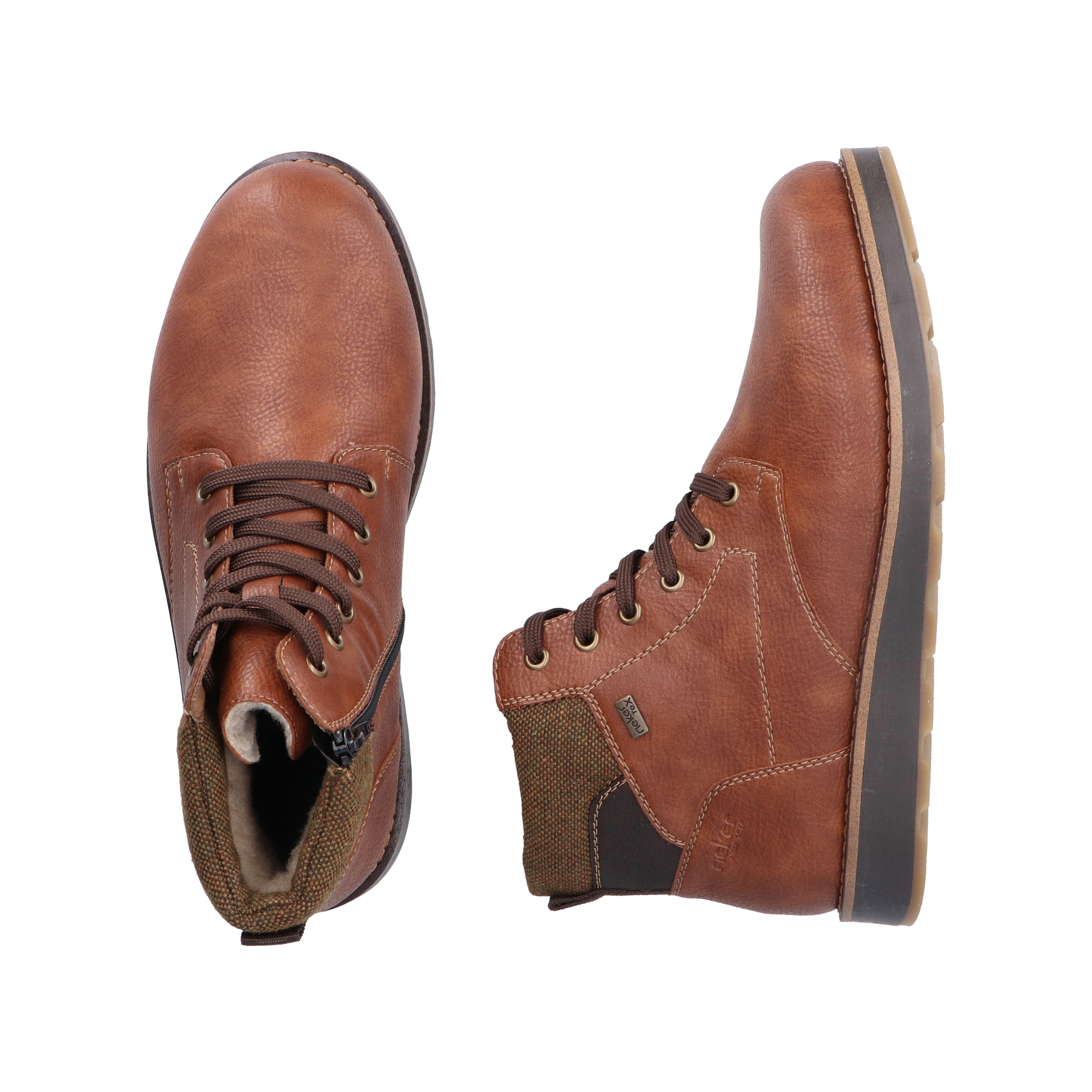 Braune Rieker Herren Schnürstiefel 30040-24 mit wasserabweisender TEX-Membran. Schuh von oben, liegend.