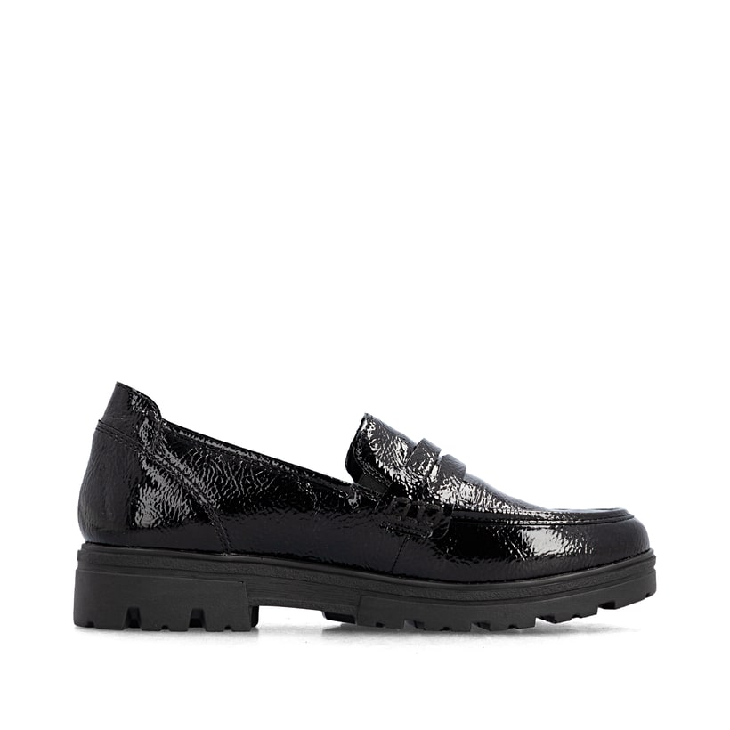 Mocassins Rieker noirs pour femmes 43050-00 avec bande élastique. Côté intérieur de la chaussure.