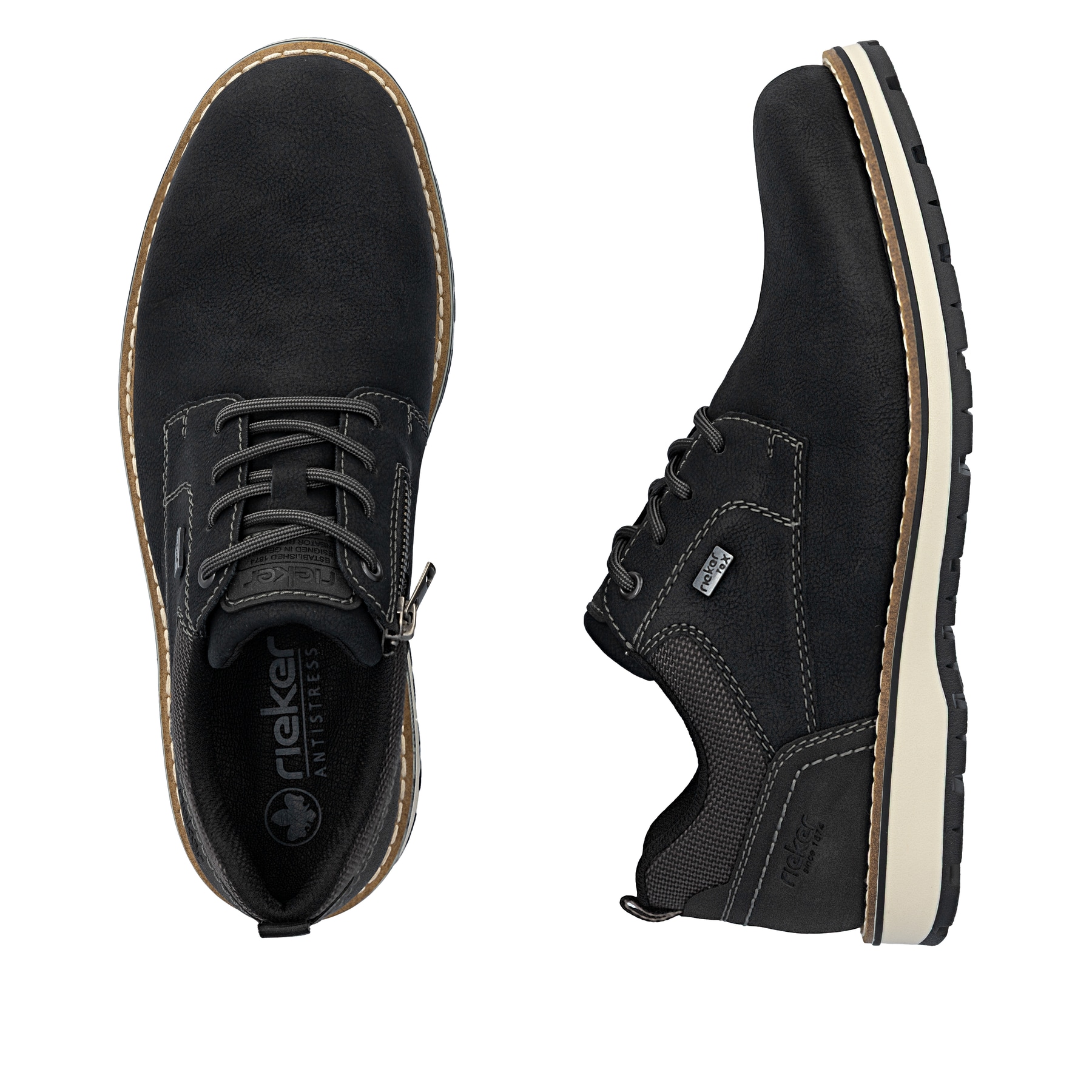 Schwarze Rieker Herren Schnürschuhe 38406-00 mit wasserabweisender TEX-Membran. Schuh von oben, liegend.