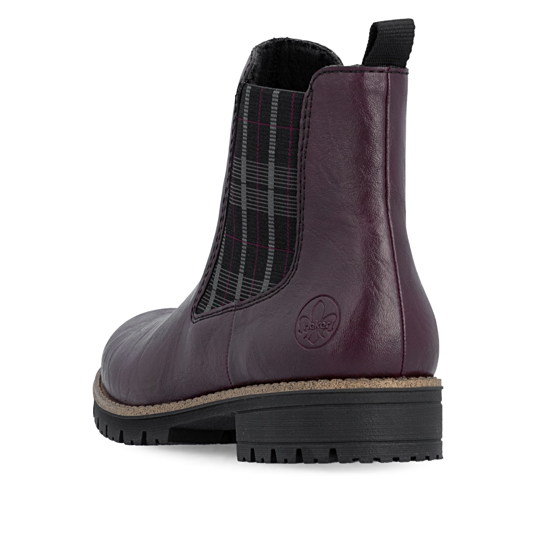 Brombeer-schwarze Rieker Damen Chelsea Boots 79592-30 mit einem Reißverschluss. Schuh von hinten.