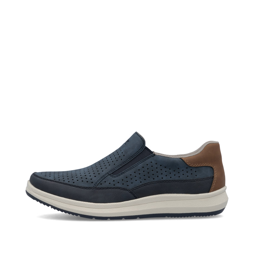 Blaue Rieker Herren Slipper 16952-14 mit einem Gummizug sowie der Extraweite H. Schuh Außenseite.