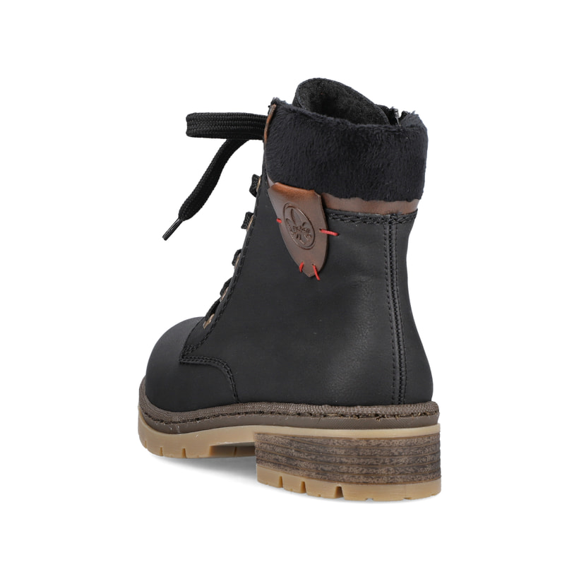 Graphitschwarze Rieker Damen Schnürstiefel Y7418-00 mit einer robusten Profilsohle. Schuh von hinten