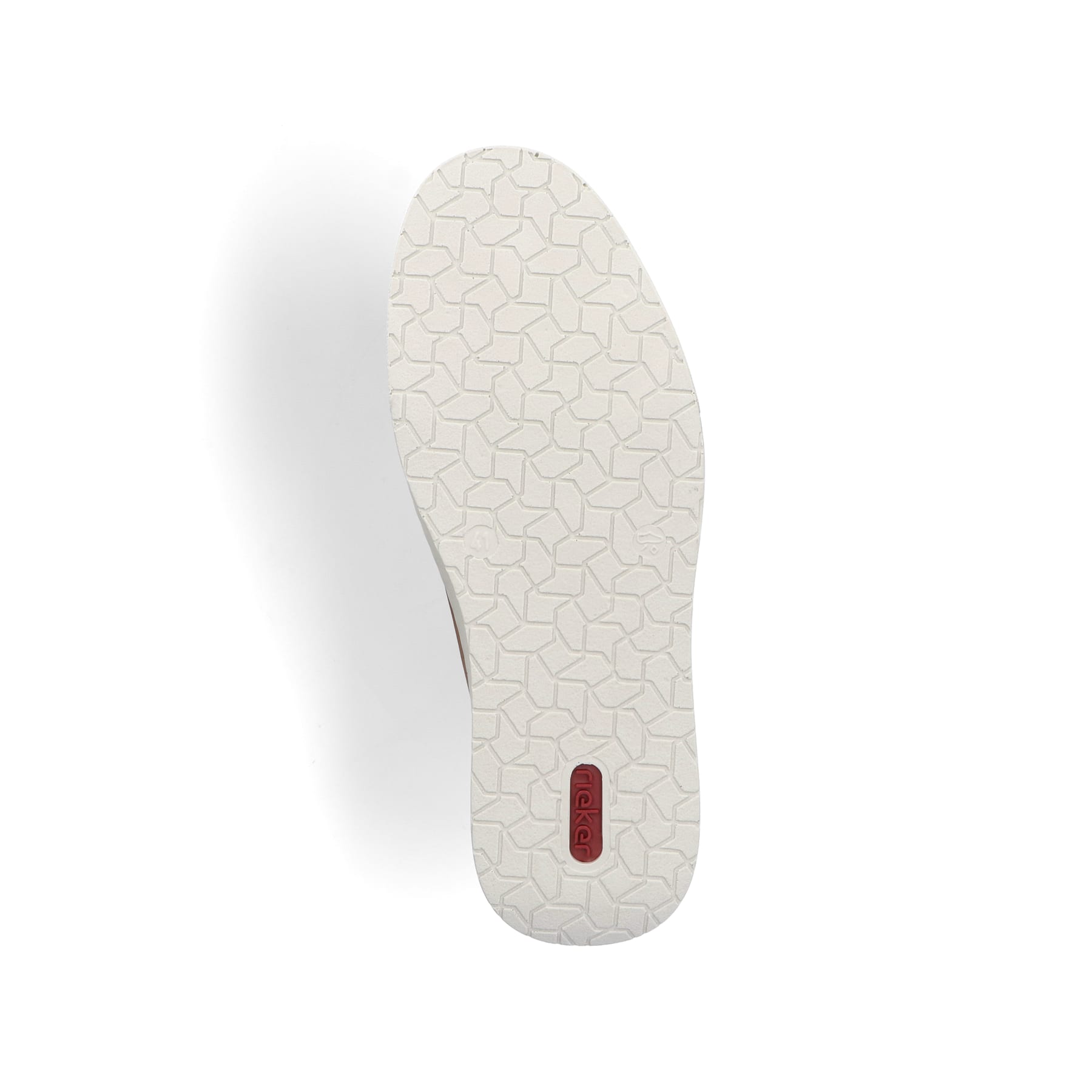 Mocassins marron Rieker pour hommes B2264-24avec une couture moderne et un élastique. Vue semelle extérieure de la chaussure.