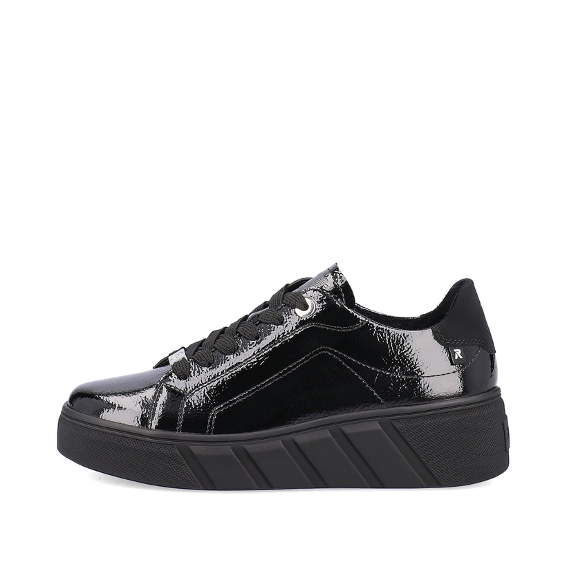 Schwarze Rieker Damen Sneaker Low W0501-00 mit einer ultra leichten Plateausohle. Schuh Außenseite.