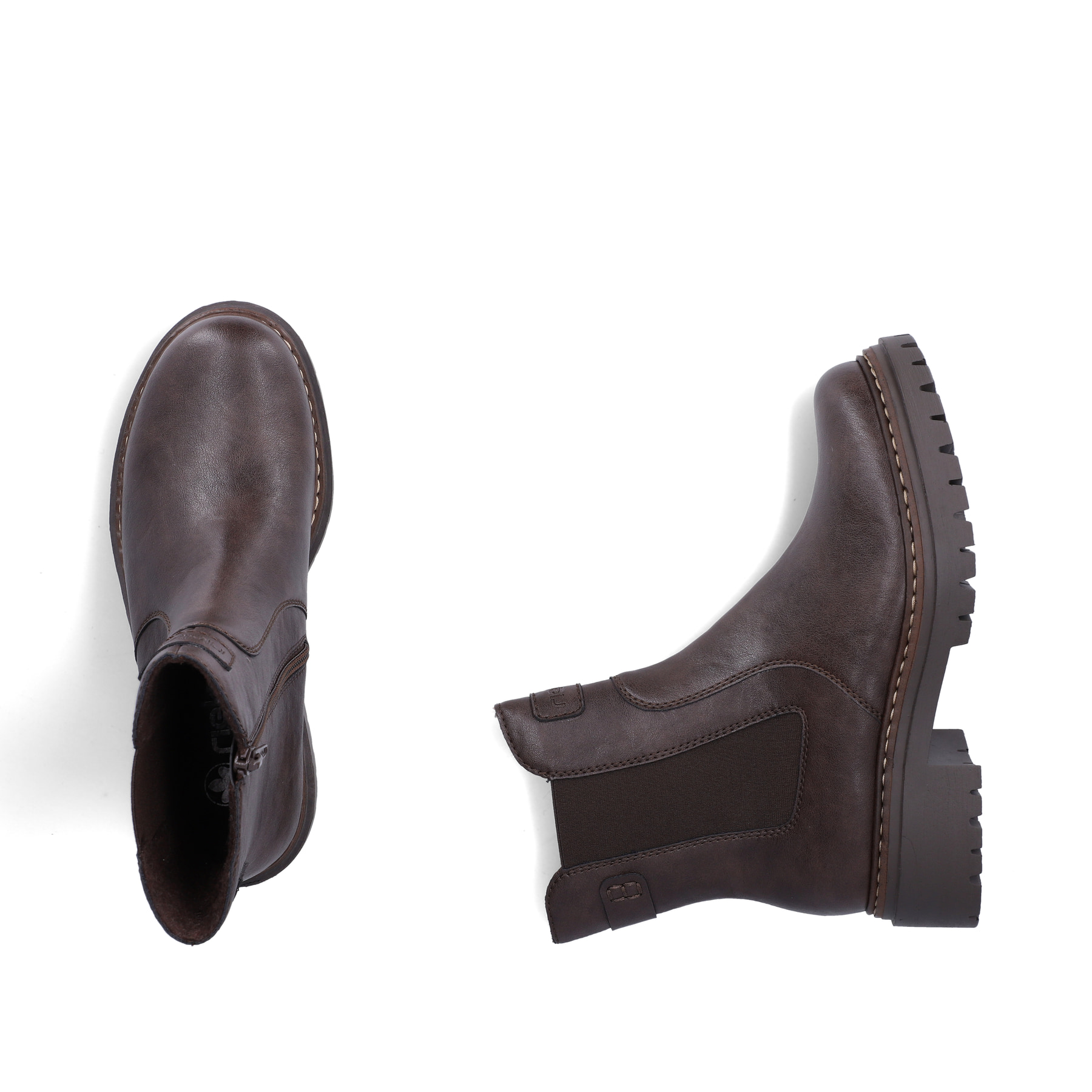 Dunkelbraune Rieker Damen Chelsea Boots 72660-25 mit einem Reißverschluss. Schuh von oben, liegend.