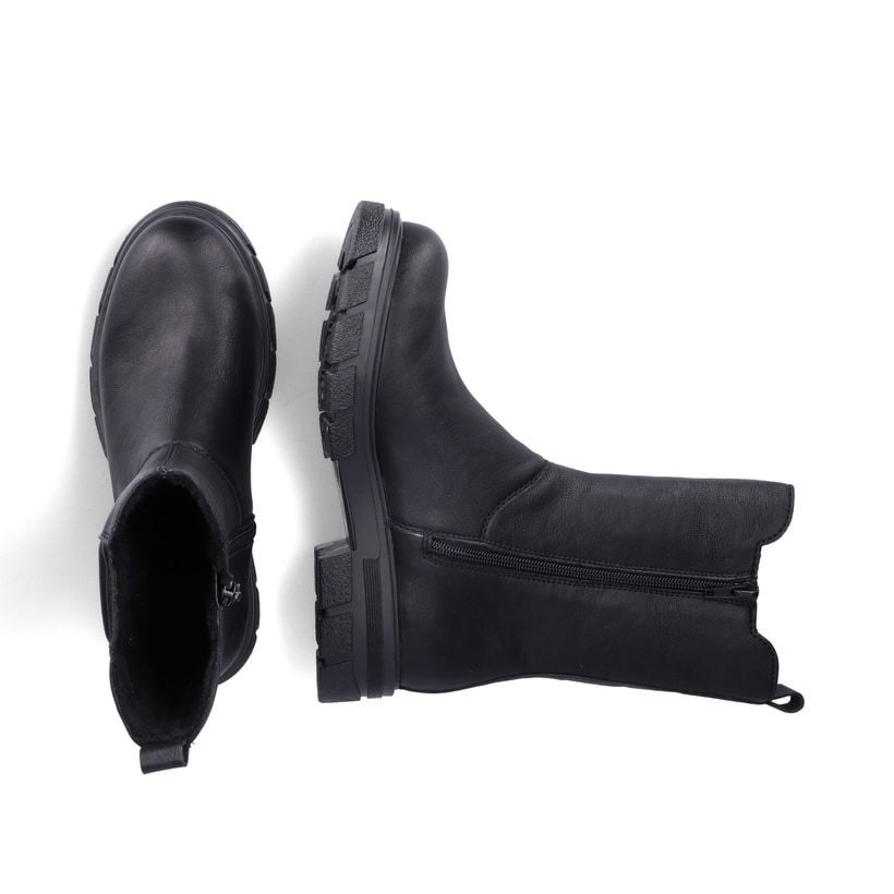 Schwarze Rieker Damen Chelsea Boots Z9181-00 mit gepolstertem Schaftrand. Schuh von oben, liegend.