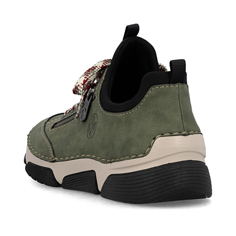 Mocassins Rieker verts pour femme 45973-54 avec bande élastique. Chaussure vue de l'arrière.