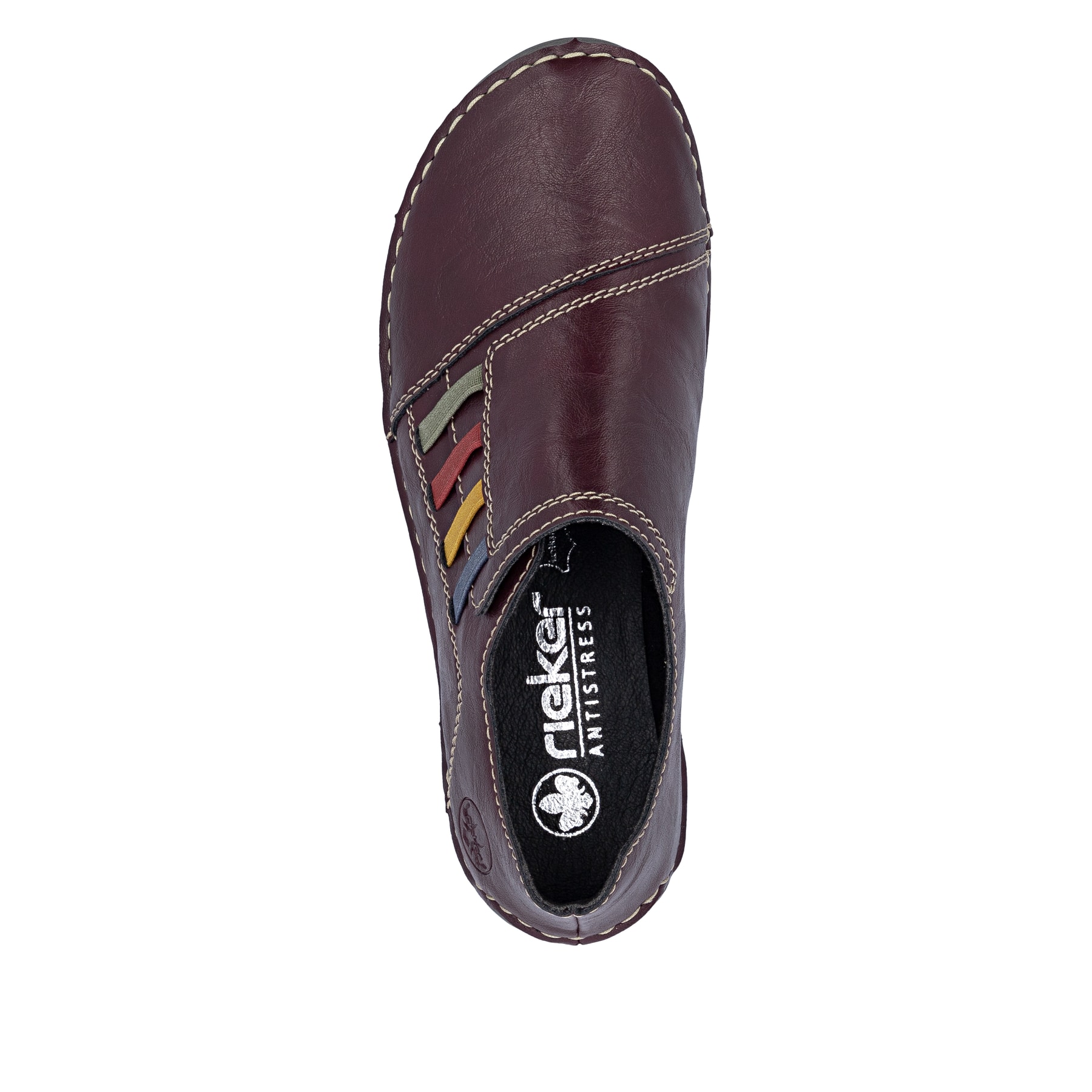 Brombeerfarbene Rieker Damen Slipper 52560-30 mit farbenfrohen Details. Schuh von oben.