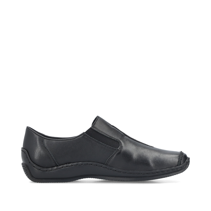 Schwarze Rieker Damen Slipper L1751-00 mit einem Gummizug. Schuh Innenseite.