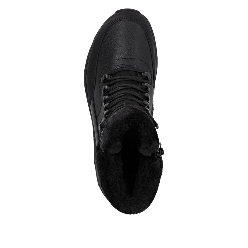 Schwarze Rieker Damen Schnürstiefel W0063-02 mit wasserabweisender TEX-Membran. Schuh von oben.