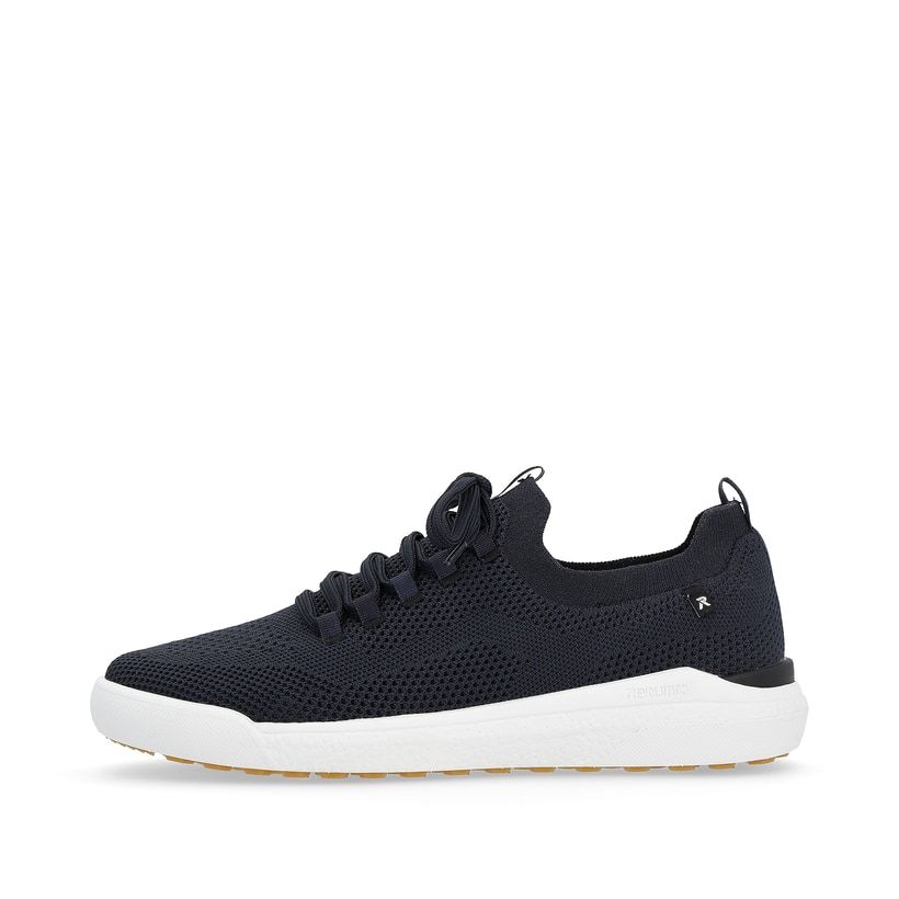 Blaue waschbare Rieker Herren Slipper U1103-14 mit einer flexiblen Sohle. Schuh Außenseite.