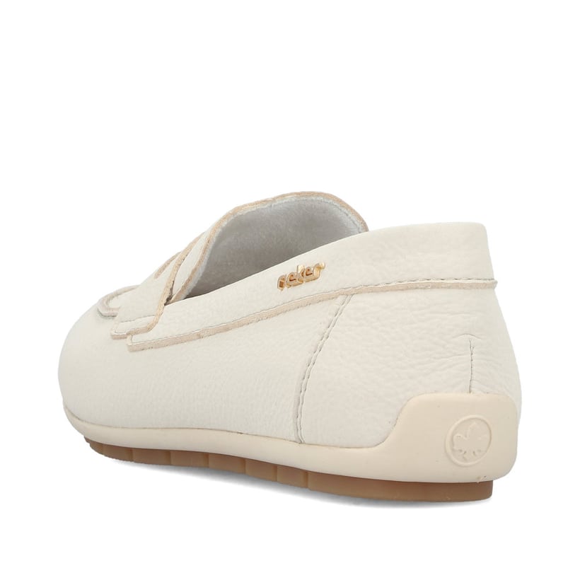 Weiße Rieker Damen Loafer 43862-80 mit einer herausnehmbaren Einlegesohle. Schuh von hinten.