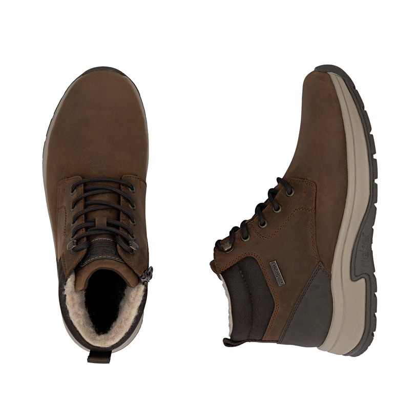 Braune Rieker Herren Schnürstiefel 11004-22 aus Glattleder. Schuh von oben, liegend.