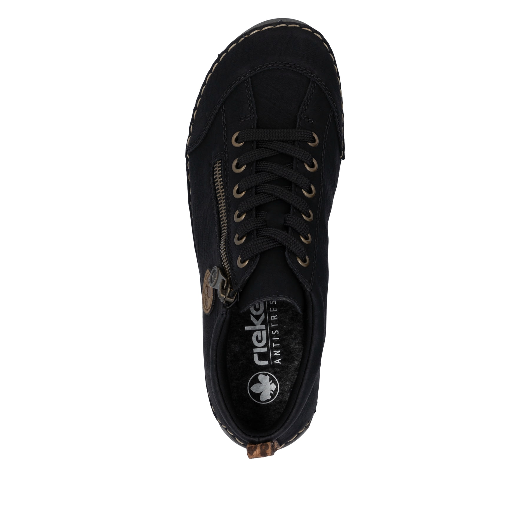 Schwarze Rieker Damen Schnürstiefel 52514-00 mit rundem Logo. Schuh von oben.