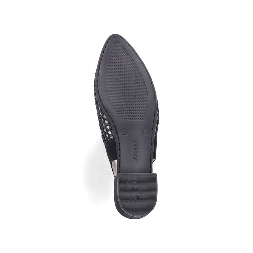 Schwarze Rieker Slingpumps 47060-01 mit eleganten Zierlochungen sowie Schnallen. Schuh Laufsohle.