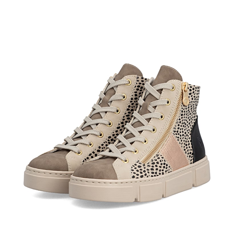 Beige-bronzefarbene Rieker Damen Sneaker High N5931-62 mit einem Reißverschluss. Schuhpaar seitlich schräg.