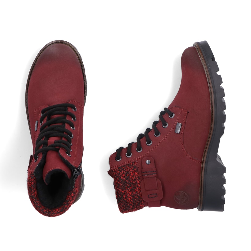 Rote Rieker Damen Schnürstiefel 73225-35 mit wasserabweisender RiekerTEX-Membran. Schuh von oben, liegend.
