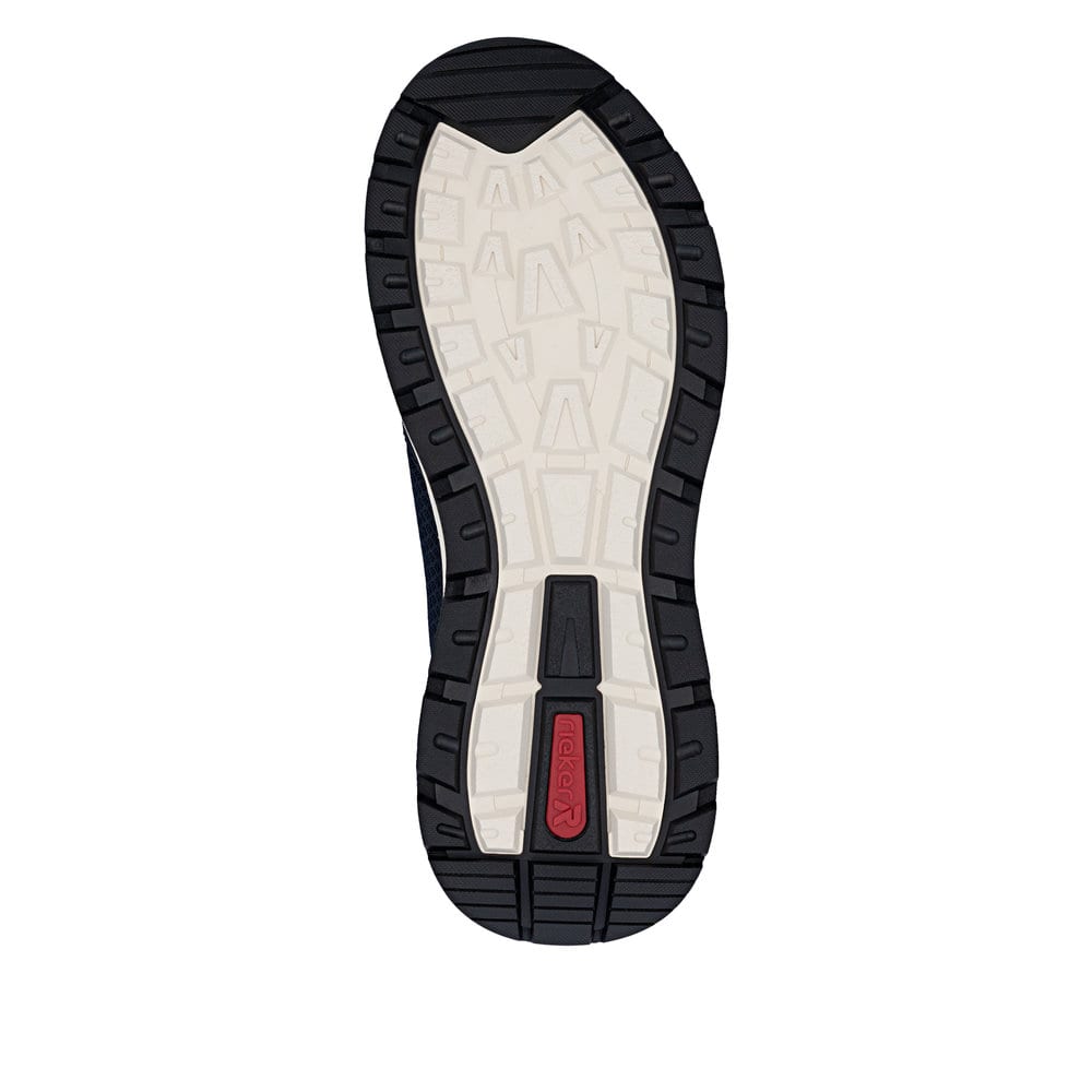 Blaue Rieker Herren Slipper 06152-14 mit einem Gummizug sowie dem Gel-Fußbett. Schuh Laufsohle.