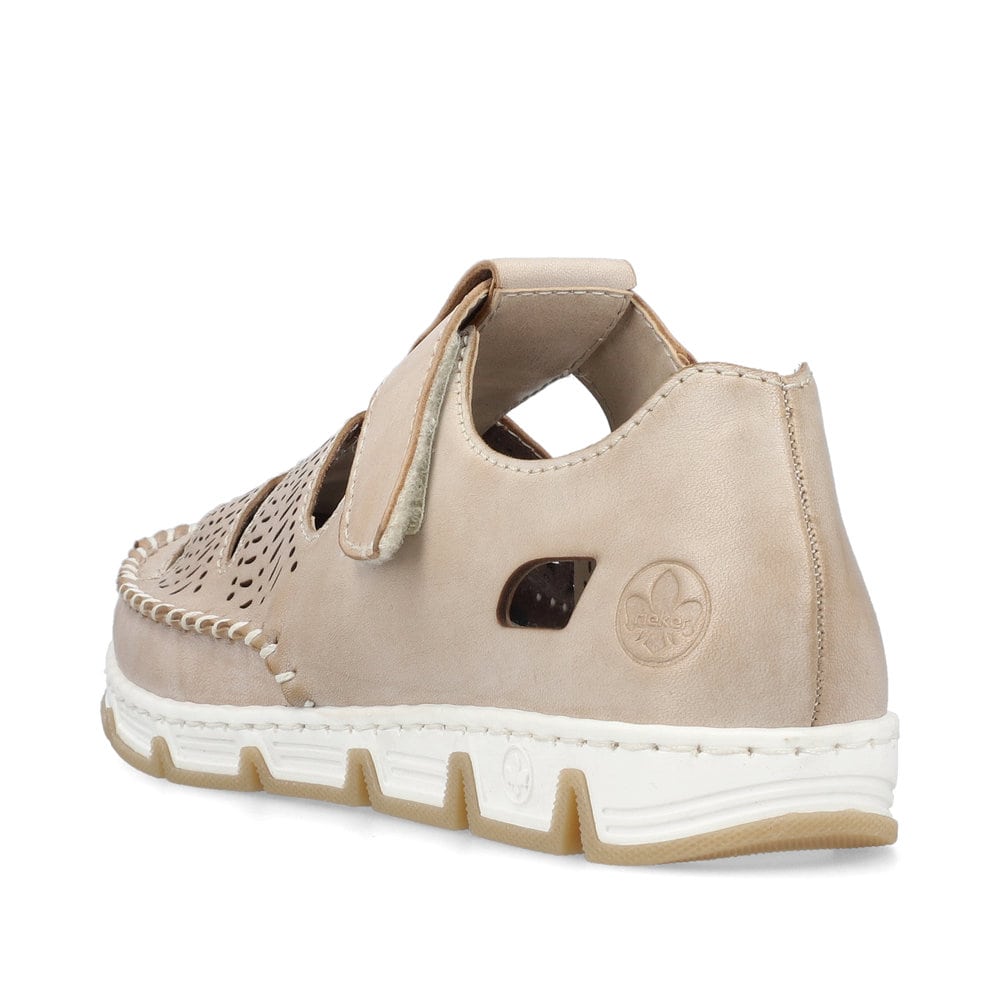 Beige Rieker Damen Slipper 49958-61 aus Glattleder, Barfußschuhe. Schuh von hinten.