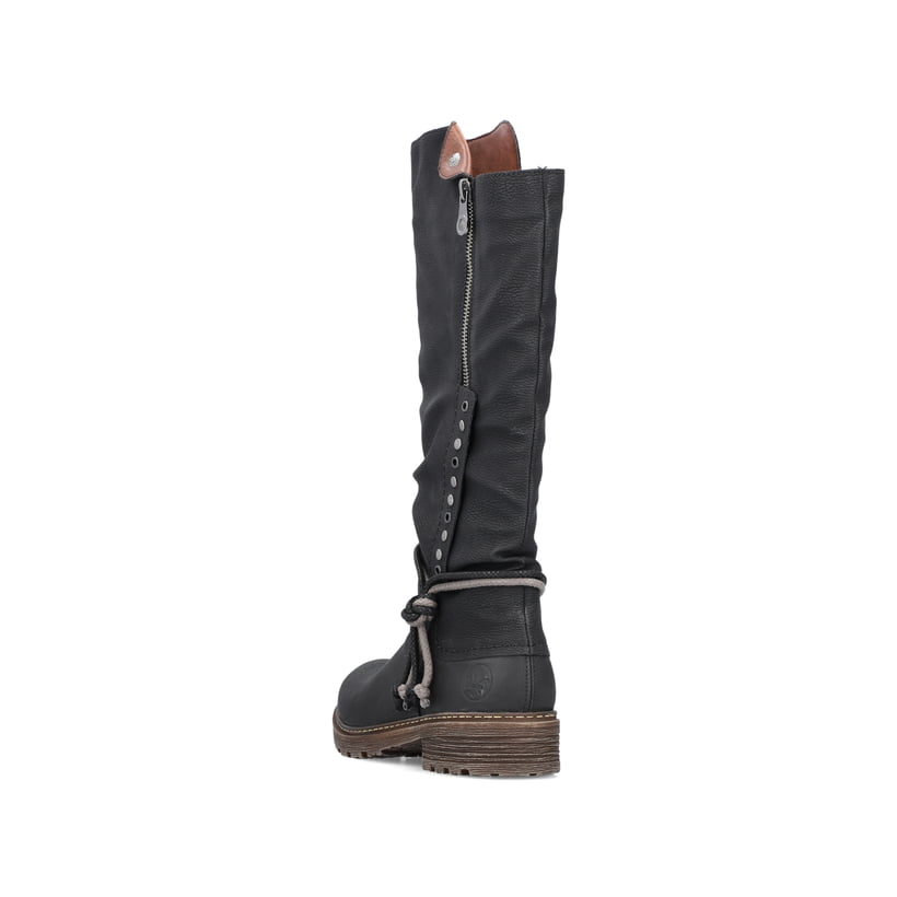 Tiefschwarze Rieker Damen Hochschaftstiefel Z4759-01 mit einer robusten Profilsohle. Schuh von hinten