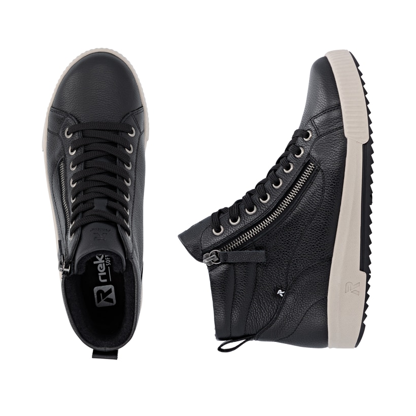 Schwarze Rieker Damen Sneaker High W0164-00 aus Glattleder. Schuh von oben, liegend.