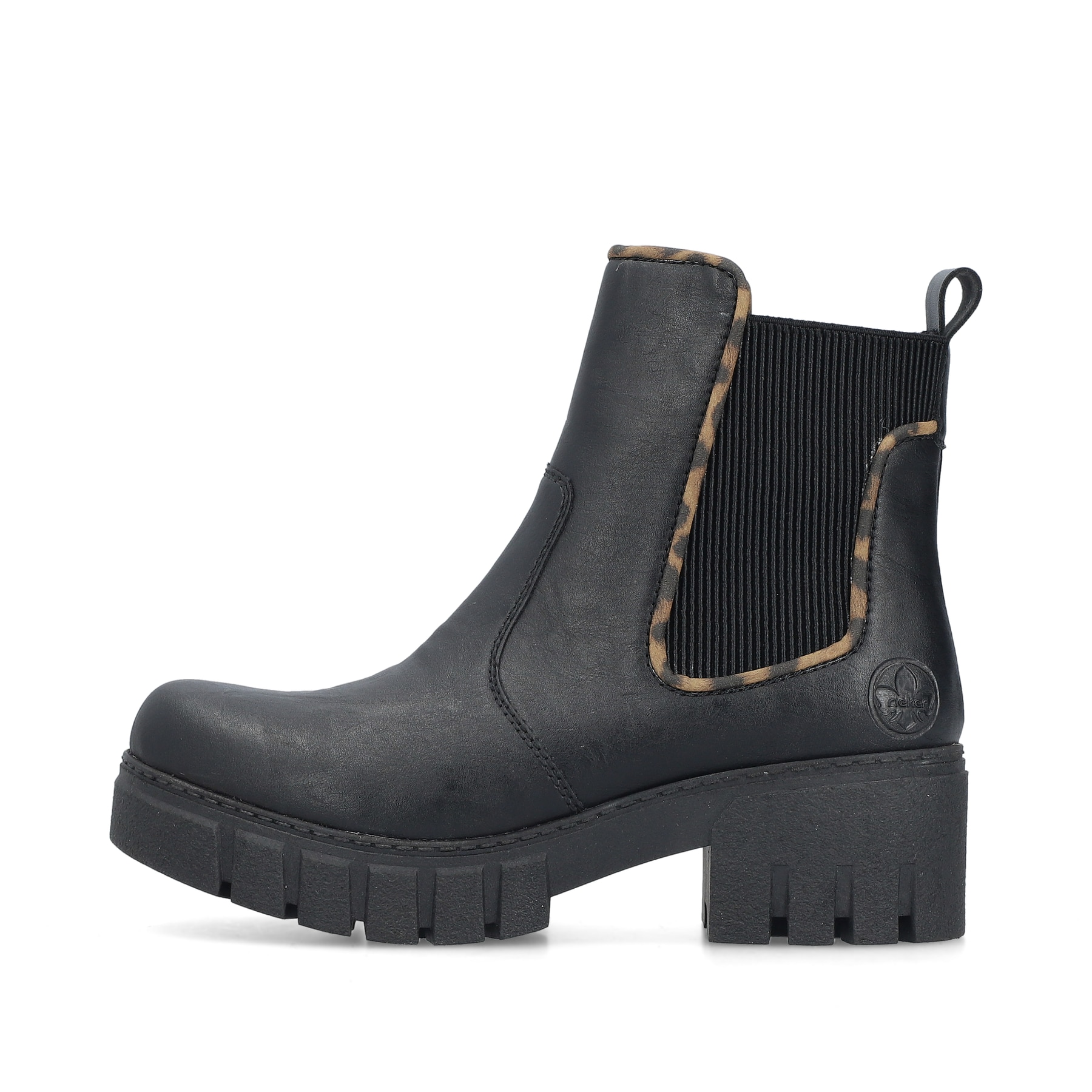 Schwarze Rieker Damen Chelsea Boots 74562-00 mit Leo-Print sowie Reißverschluss. Schuh Außenseite.