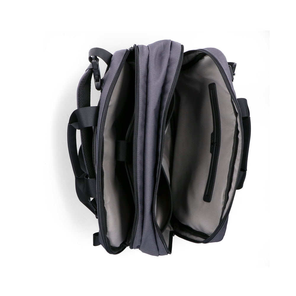 Sac pour ordinateur portable H5200-43 en gris avec fermeture éclair, compartiment rembourré pour ordinateur portable et bretelles amovibles. Ouvert.