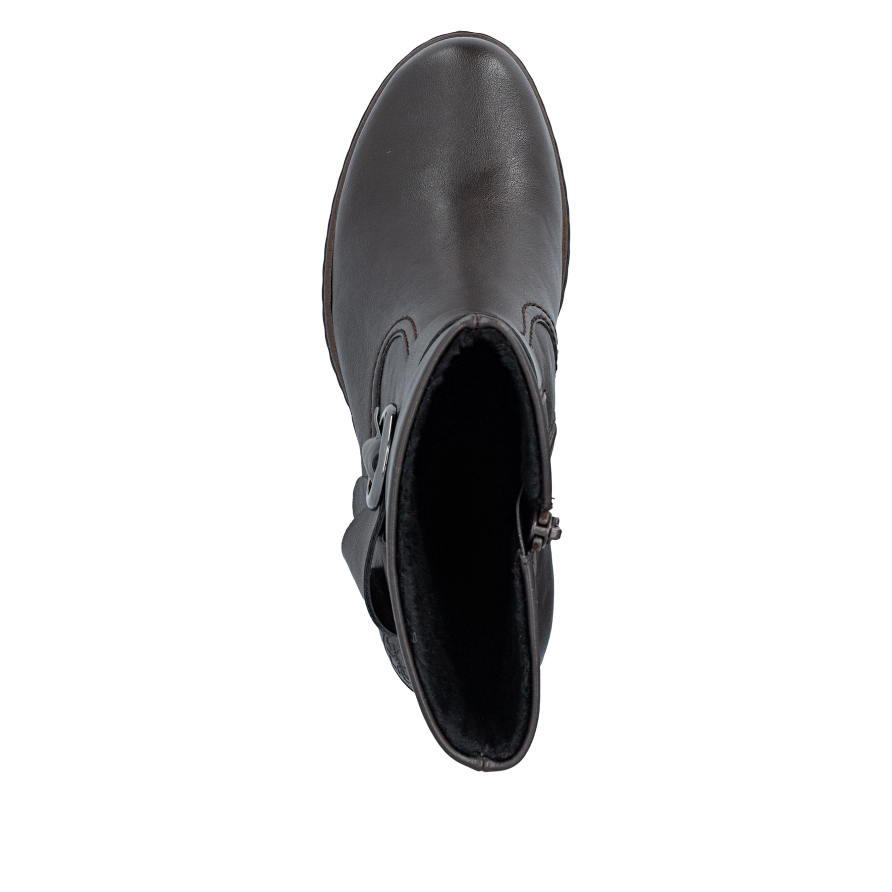Dunkelbraune Rieker Damen Stiefeletten Y2590-25 mit einem Reißverschluss. Schuh von oben.