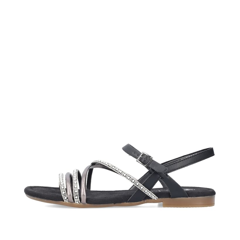 Schwarze vegane Rieker Damen Riemchensandalen 65262-00 mit einer Schnalle. Schuh Außenseite.