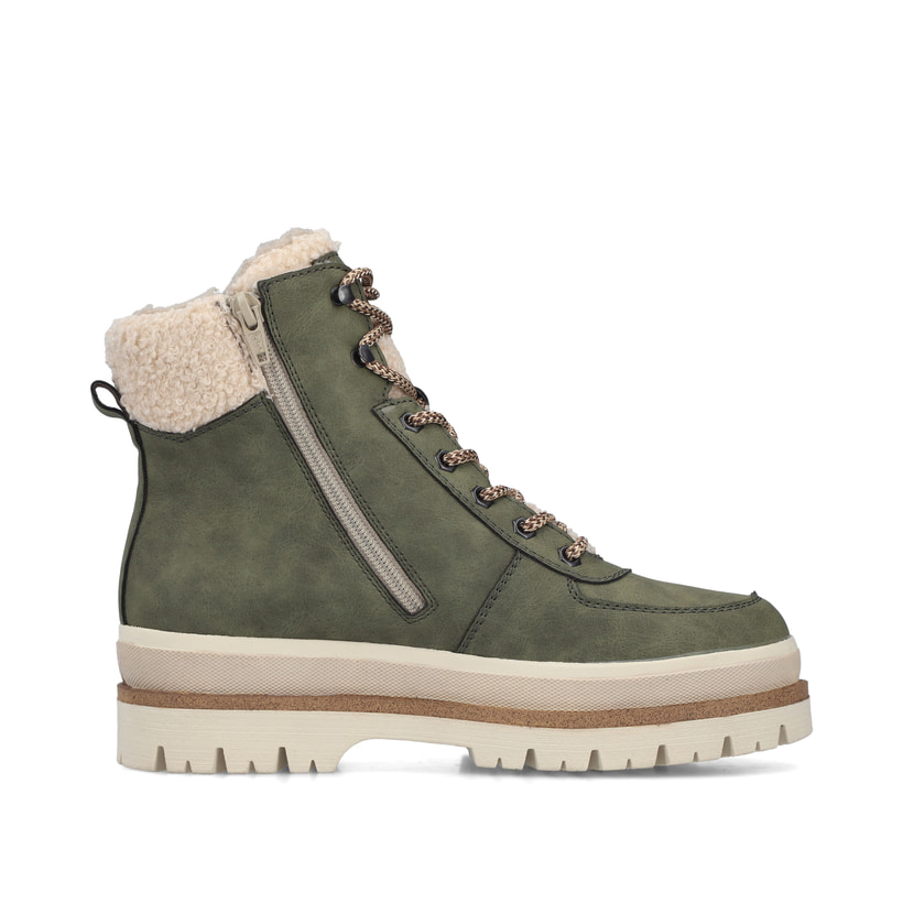 Vegane, khaki-beige Rieker Damen Schnürstiefel Y6214-54 mit Teddyfell-Details. Schuh Innenseite.