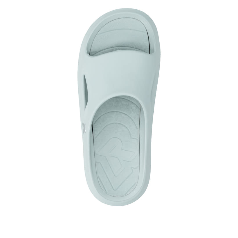 Grüne Rieker Damen Pantoletten W3450-53 mit flexibler und ultraleichter Sohle. Schuh von oben.