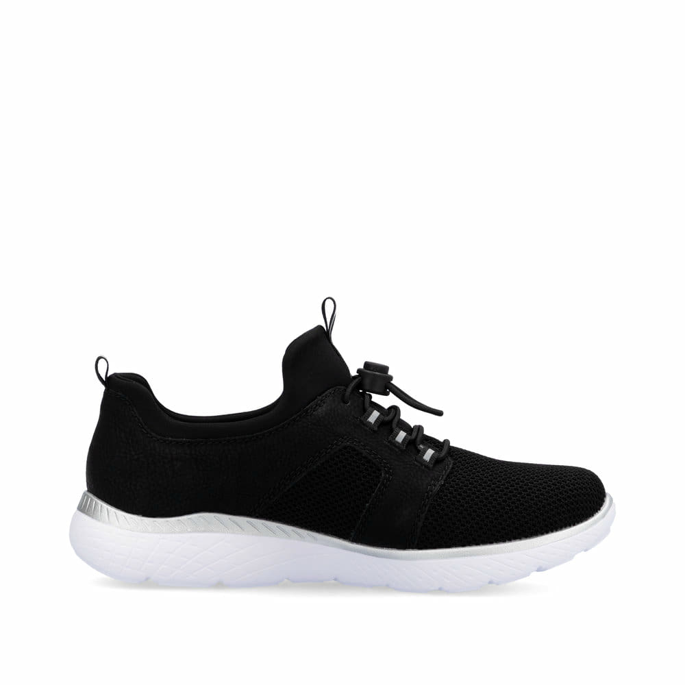 Schwarze Rieker Damen Slipper M5065-00 mit Gummizug sowie ultraleichter Sohle. Schuh Innenseite.