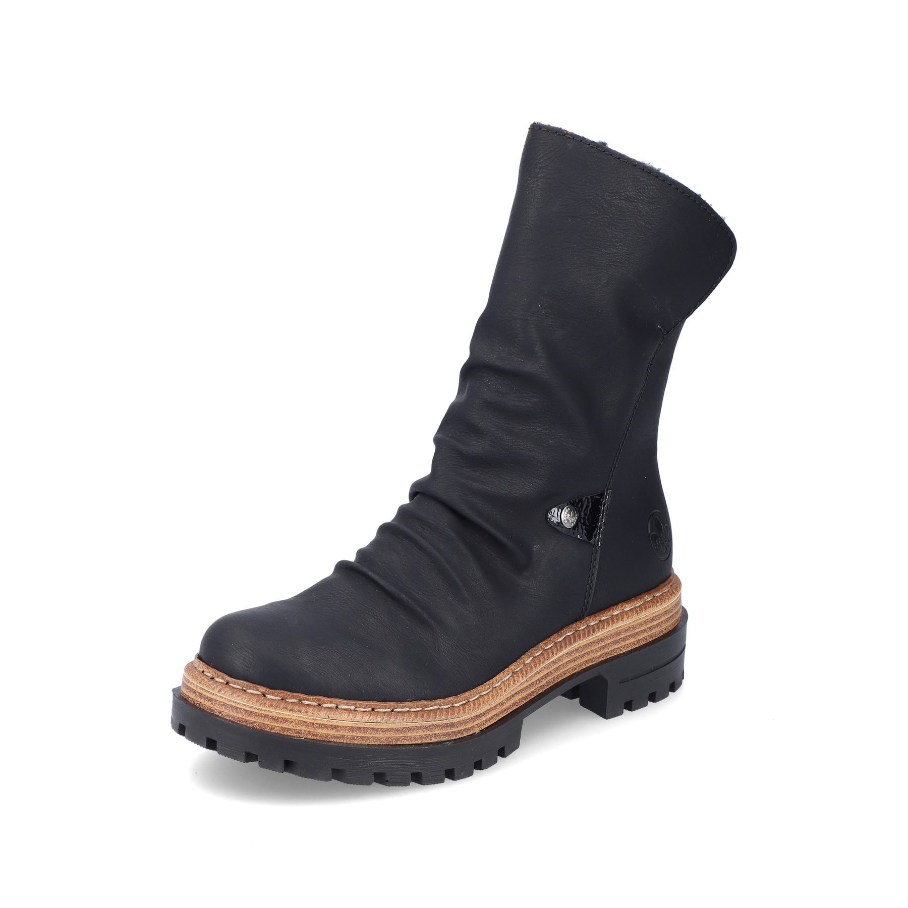 Asphaltschwarze Rieker Damen Kurzstiefel 75650-00 mit einer schockabsorbierenden Sohle. Schuh seitlich schräg