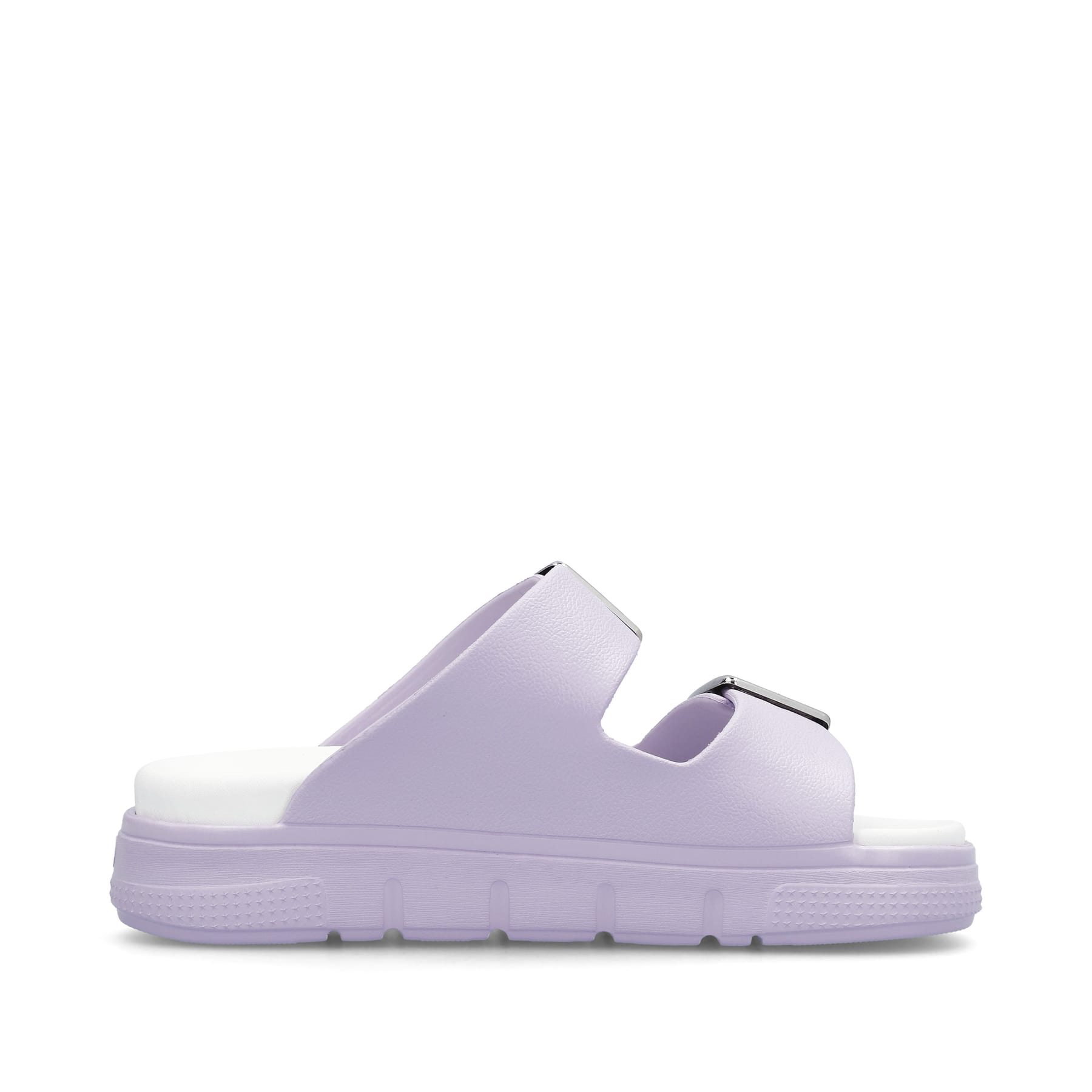 Fliederfarbene Rieker Damen Pantoletten P2180-30 mit einer Schnalle. Schuh Innenseite.
