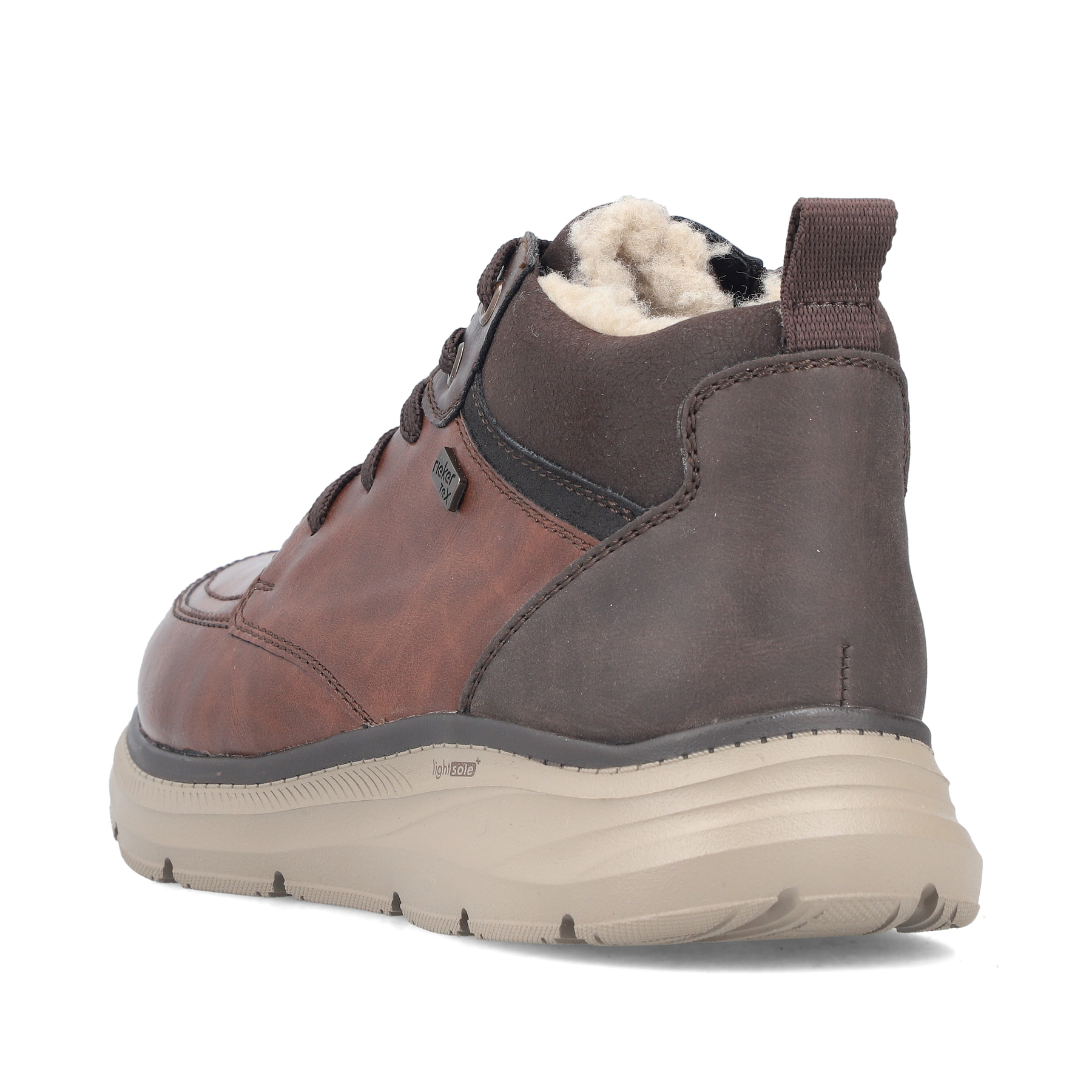 Braun-dunkelblaue Rieker Herren Schnürstiefel B1824-24 mit der lightsole+. Schuh von hinten.