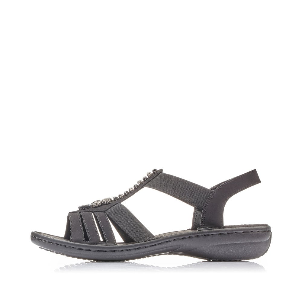 Sandales à lanières Rieker noires femme 60806-00 avec éléments décoratifs. Côté extérieur de la chaussure.