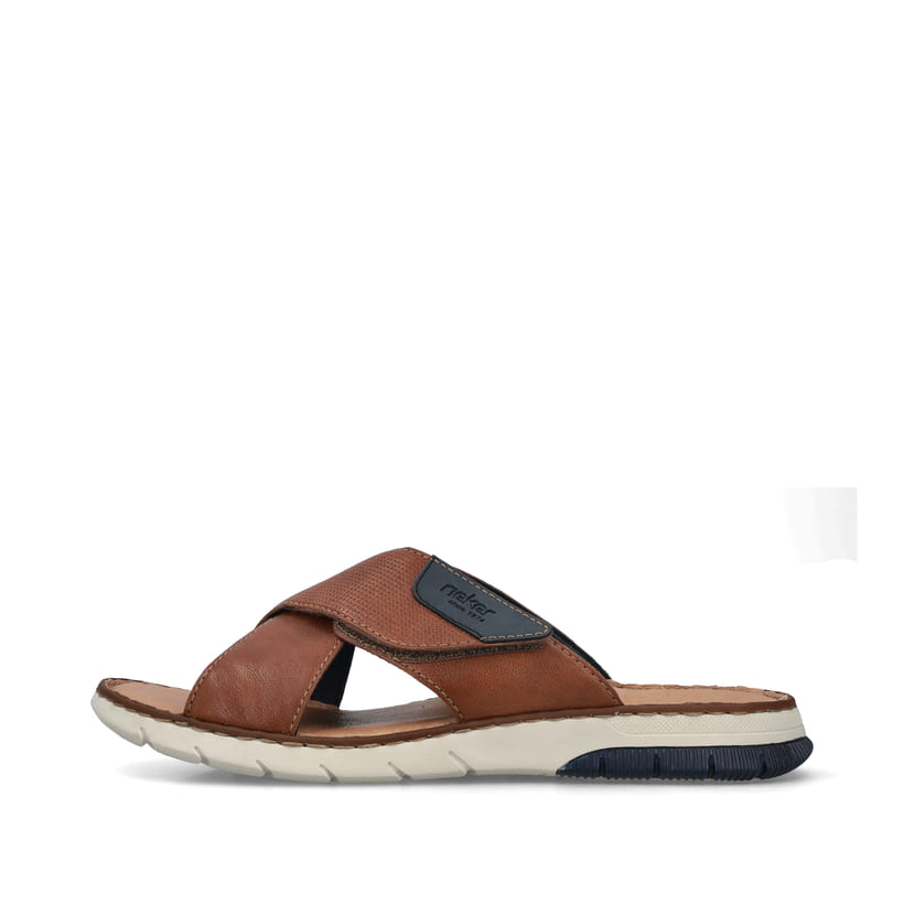 Braune Rieker Herren Pantoletten 25283-22 mit einem Klettverschluss. Schuh Außenseite.