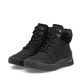 Schwarze Rieker Damen Schnürstiefel 44555-00 mit Rieker Air Sohlenfenster. Schuhpaar seitlich schräg.