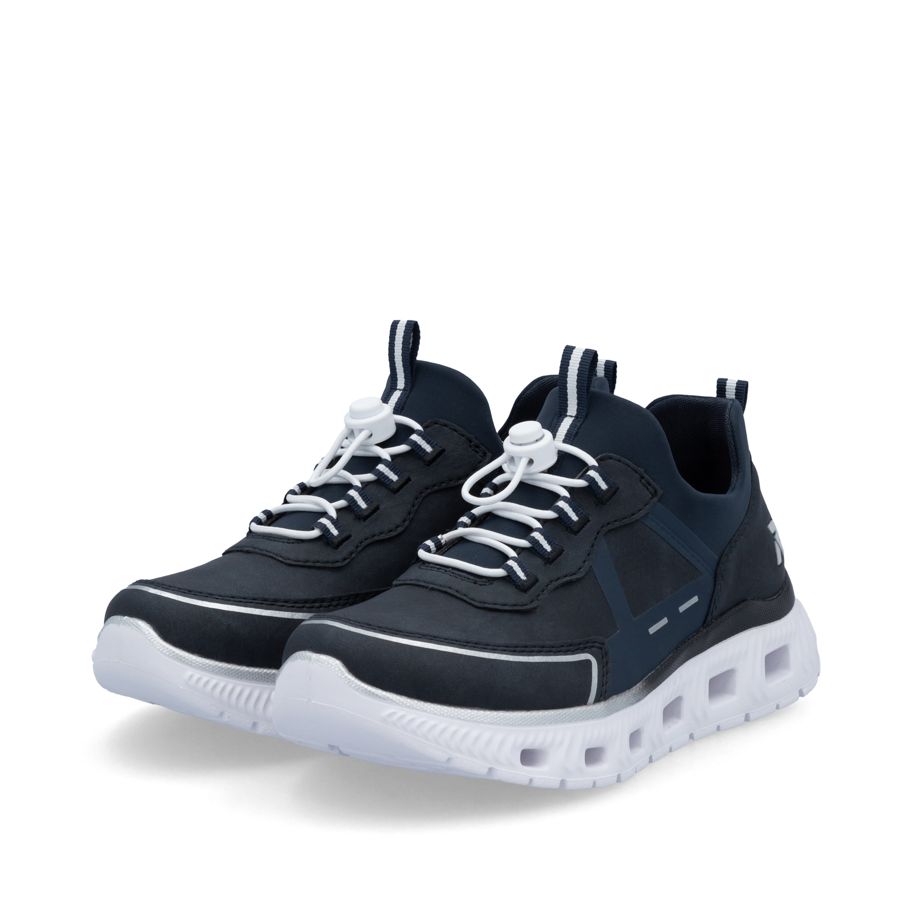 Baskets basses Rieker bleues végétaliennes pour femme M6062-14. Chaussures inclinées sur le côté.