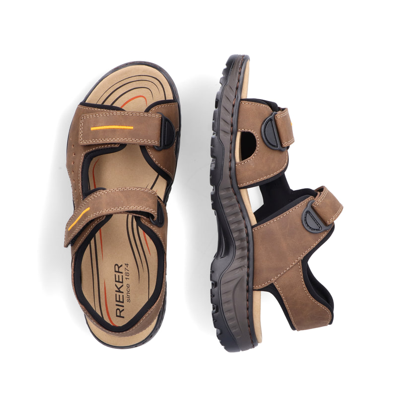 Kaffeebraune Rieker Herren Trekkingsandalen 21760-24 mit einem Klettverschluss. Schuh von oben, liegend.