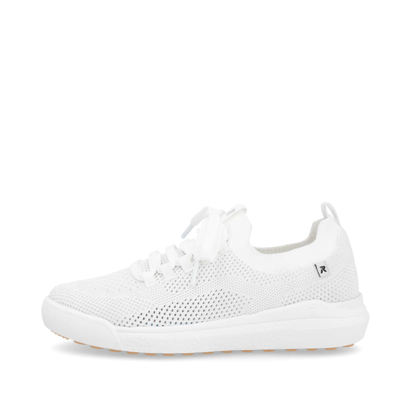 Weiße waschbare Rieker Damen Slipper W1103-80 mit Gummizug sowie flexibler Sohle. Schuh Außenseite.