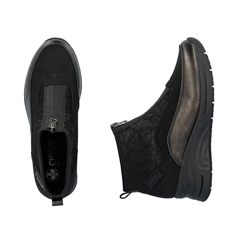 Schwarzbronzene Rieker Damen Sneaker High N9362-01 mit einem Reißverschluss. Schuh von oben, liegend.
