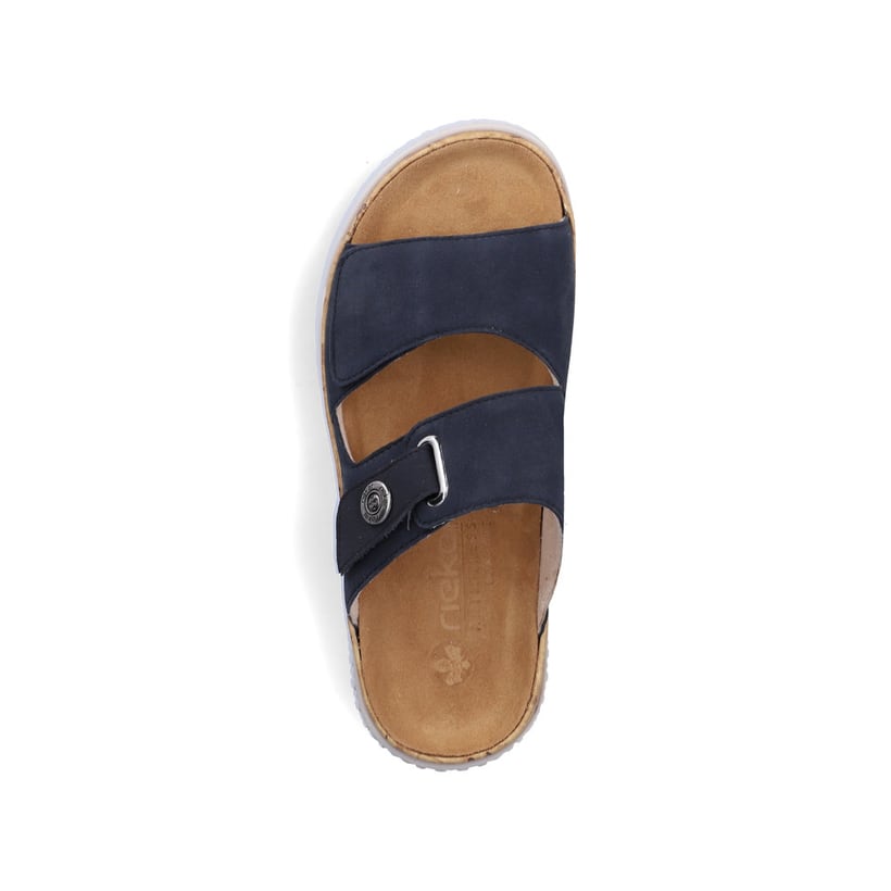 Mules Rieker bleues femme V0300-14 en cuir velours avec fermeture velcro. Chaussure vue de dessus.