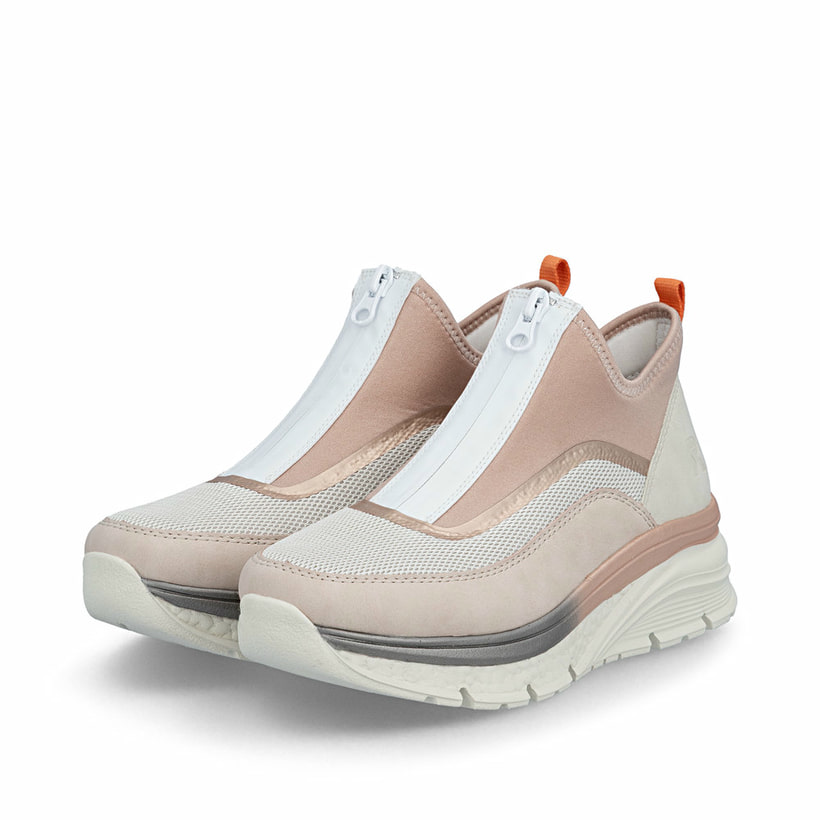 Rosane vegane Rieker Damen Sneaker High 48053-31 mit einem Reißverschluss. Schuhpaar seitlich schräg.