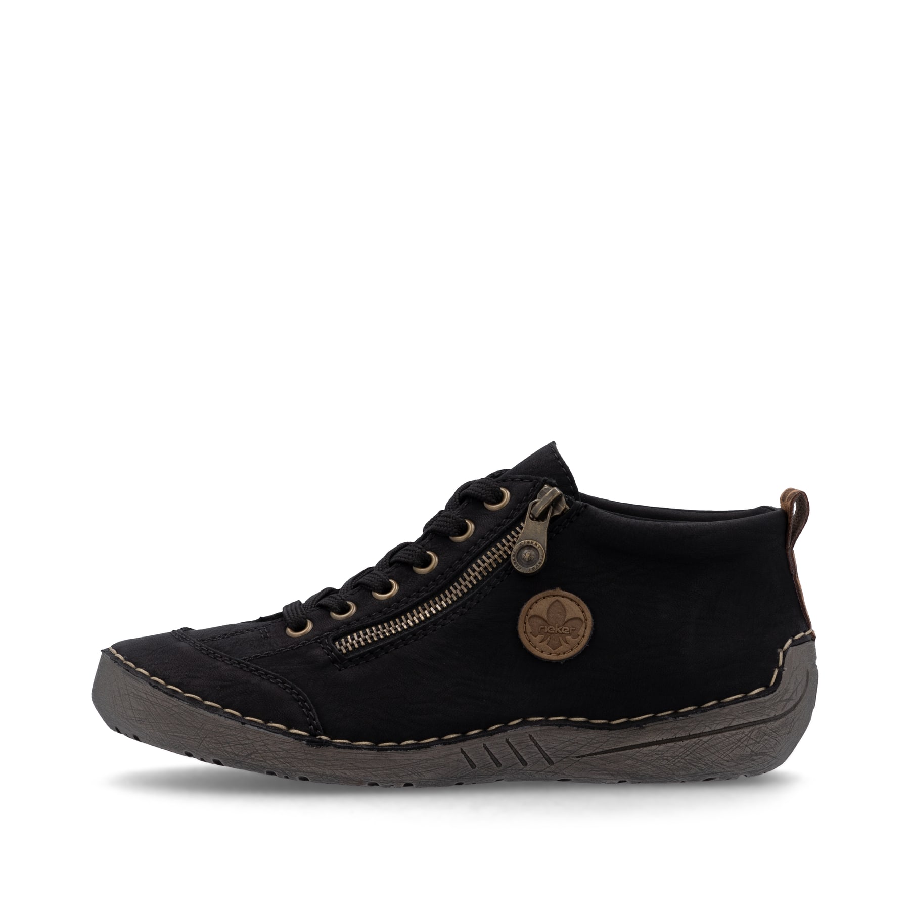 Schwarze Rieker Damen Schnürstiefel 52514-00 mit auffälligem Logo. Schuh Außenseite.