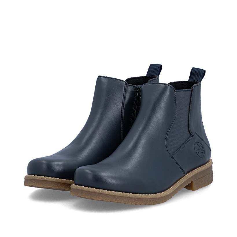 Chelsea Boots Rieker bleues pour femmes 73557-14 avec fermeture éclair. Chaussures inclinées sur le côté.