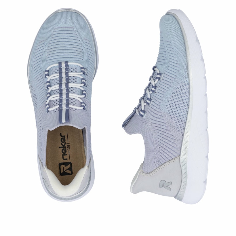 Blaue vegane Rieker Damen Slipper M5066-30 mit einem Gummizug. Schuh von oben, liegend.